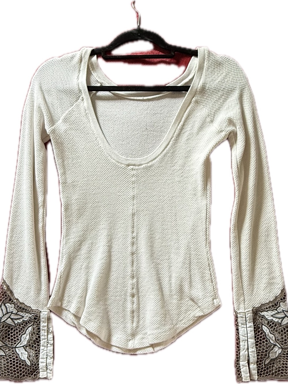Free People Cream Thermal Scoop Neck Top with Embroidered Bell Cuffs
